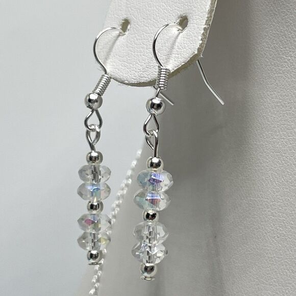 Artisan White Crackle Quartz AB Glass Beaded Bar Silver Plated Necklace Earrings - Picture 4 of 6